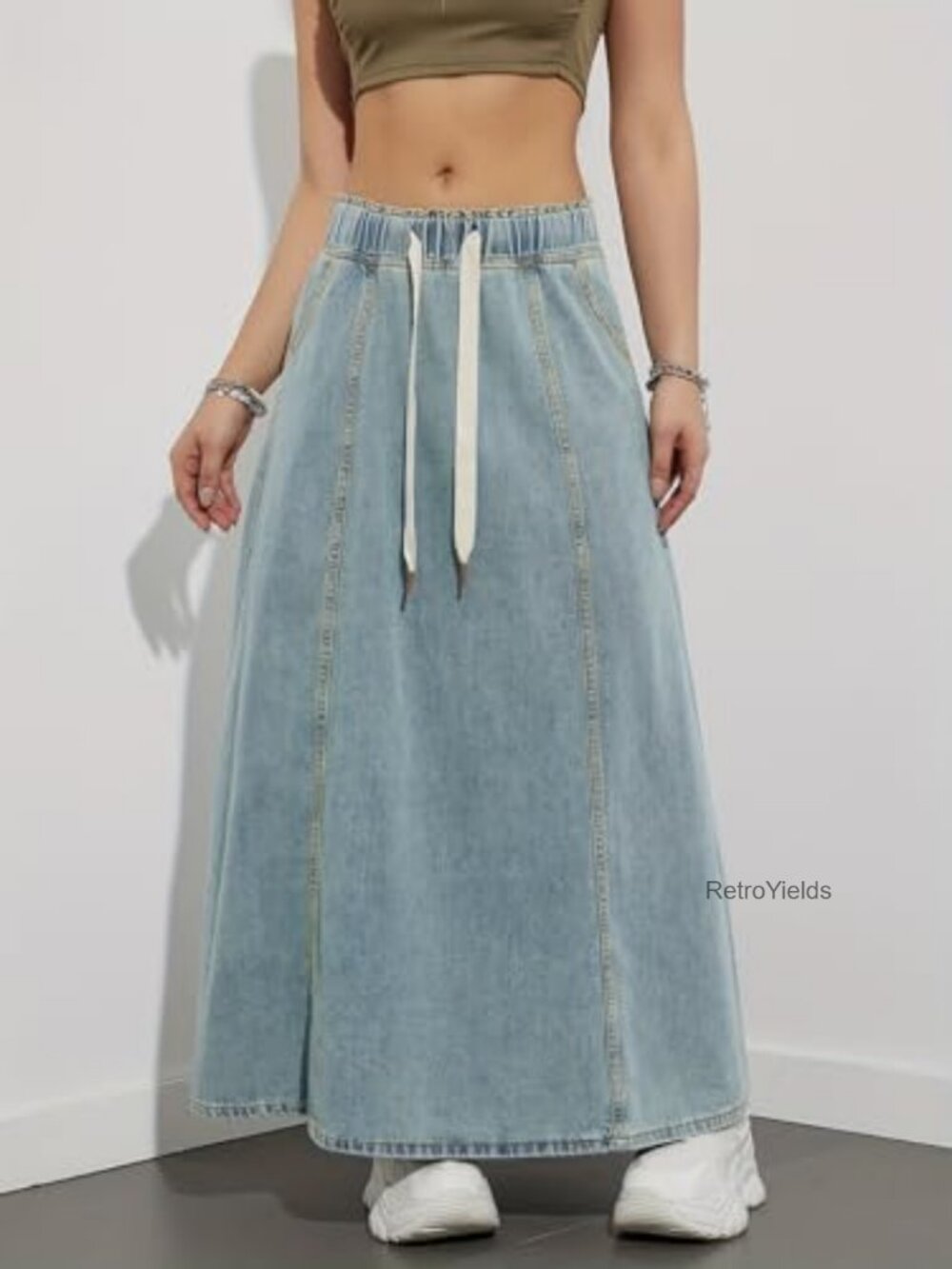 High Rise Flare Maxi Denim Skirt with Pockets, Elastic Waist, Bohemian Style - Picture 5 of 7